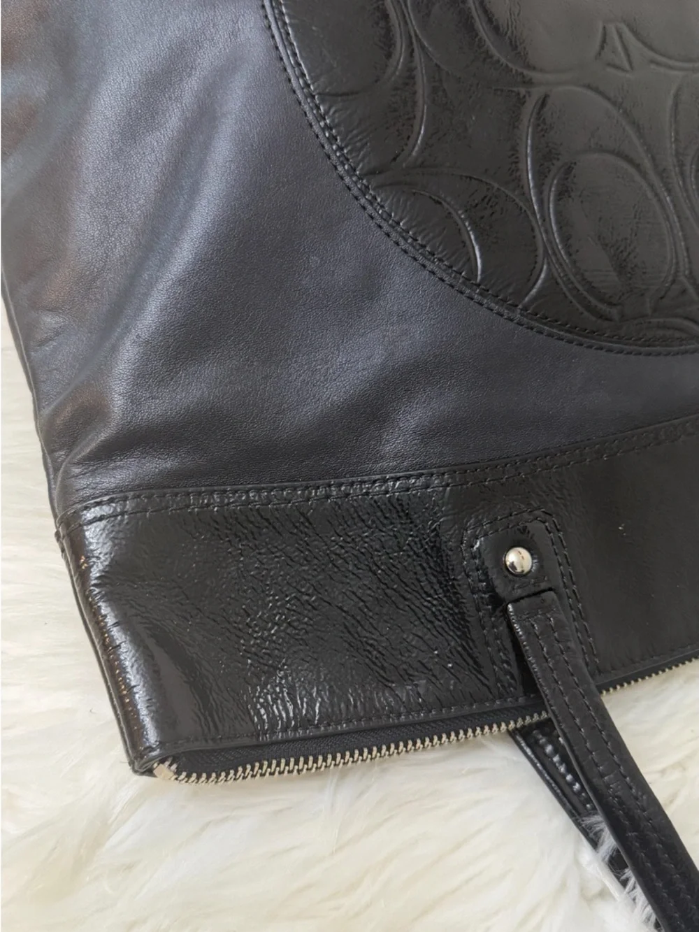 Coach Black Leather Tote with Embossed Signature Circle